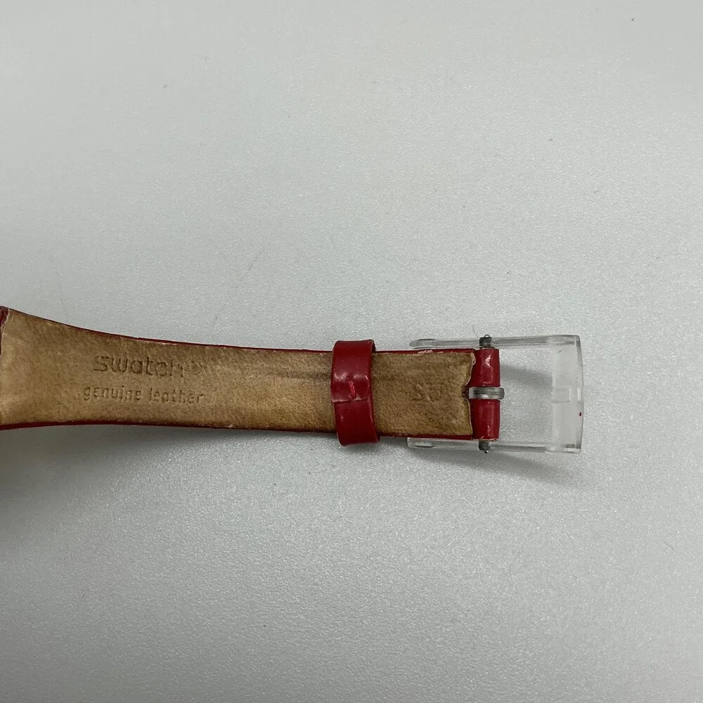 Vintage Swatch Womens Watch 25mm Silver Dial Yellow Case Red Leather Swiss
